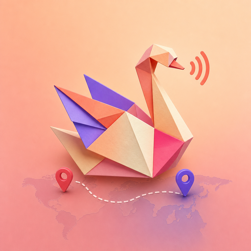 Speak·Meet·Travel — origami swan with travel pins on a world map